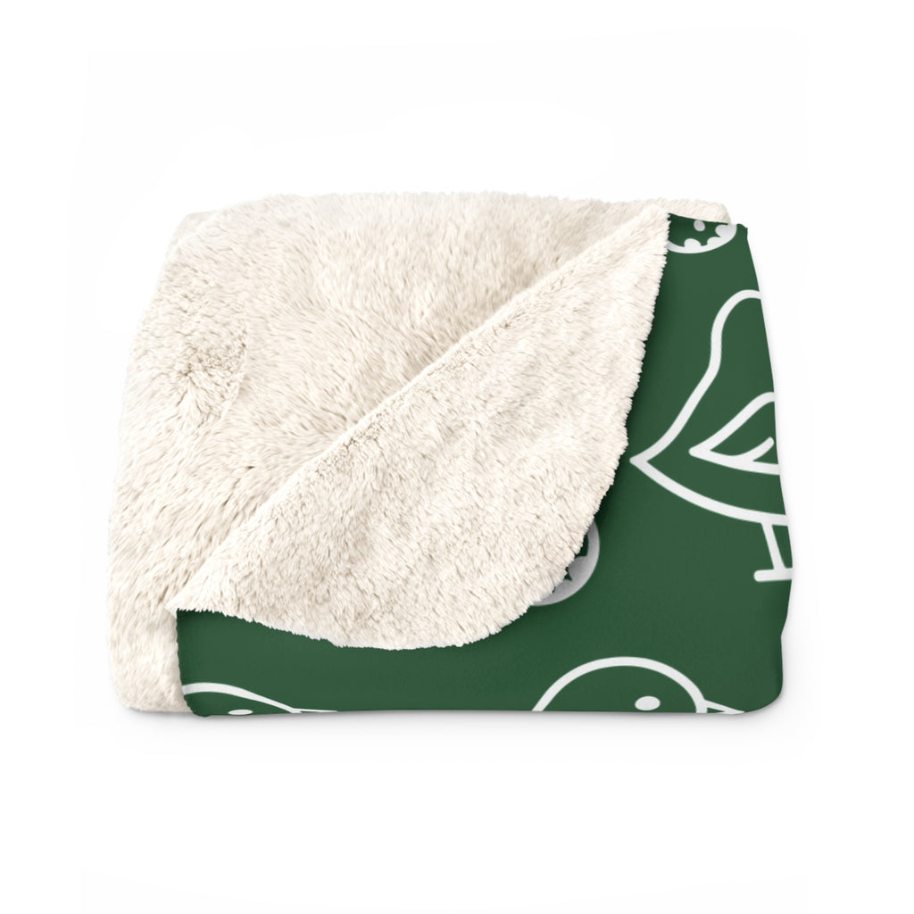 Little Birdie Sherpa Fleece Blanket Forest Green Bird Print Plush Ivory Backing