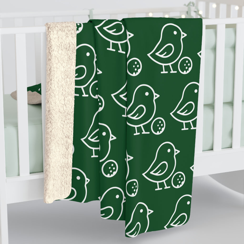 Little Birdie Sherpa Fleece Blanket Forest Green Bird Print Plush Ivory Backing