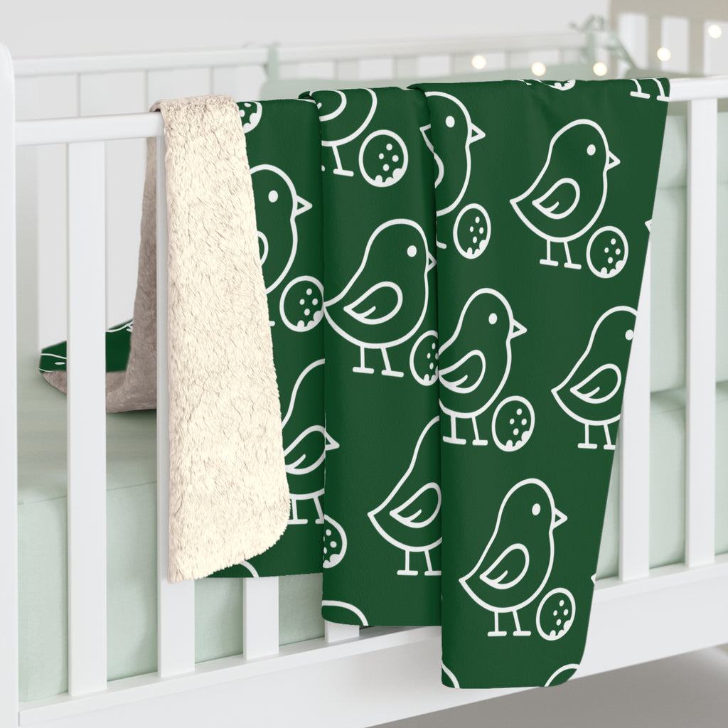 Little Birdie Sherpa Fleece Blanket Forest Green Bird Print Plush Ivory Backing