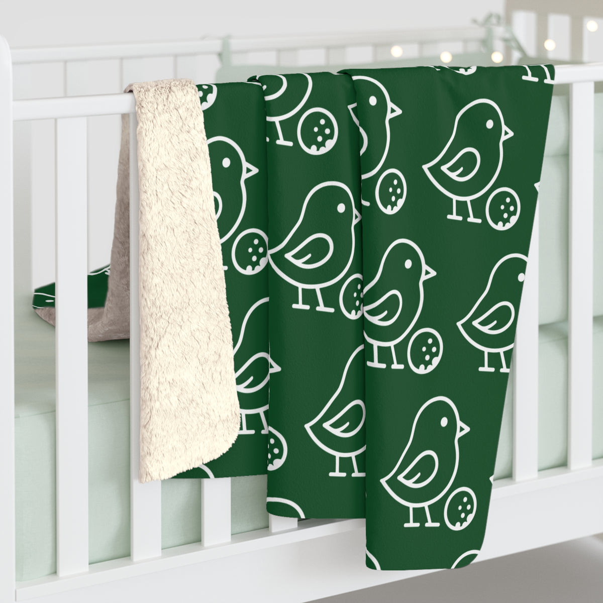 Little Birdie Sherpa Fleece Blanket Forest Green Bird Print Plush Ivory Backing