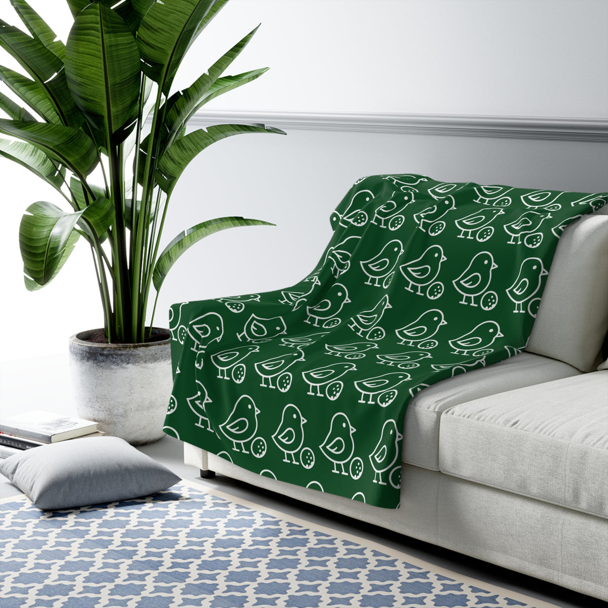 Little Birdie Sherpa Fleece Blanket Forest Green Bird Print Plush Ivory Backing