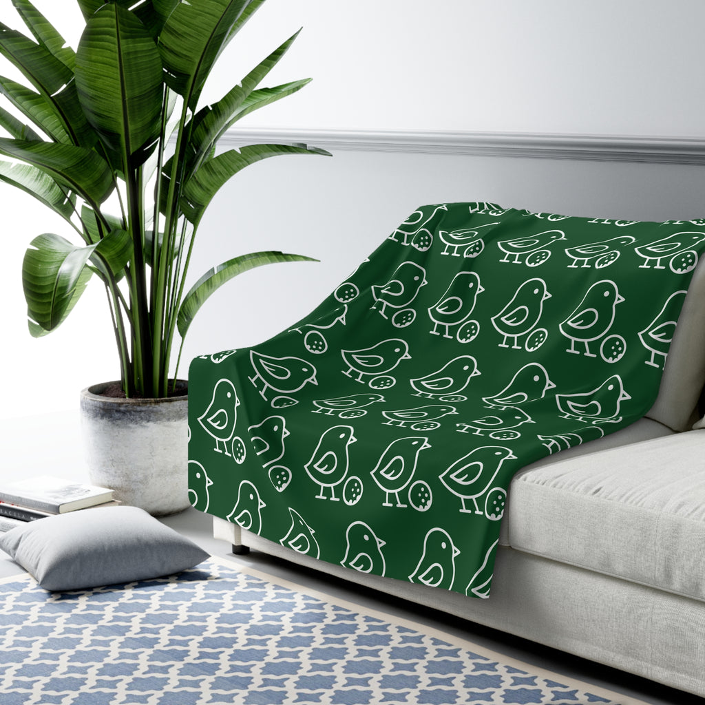 Little Birdie Sherpa Fleece Blanket Forest Green Bird Print Plush Ivory Backing