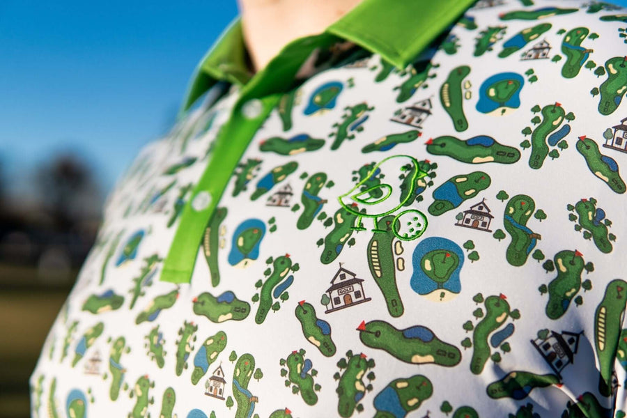 Close-up of the Little Birdie Fairway Icons polo print