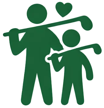 Green silhouette of a father and son with golf clubs on a white background